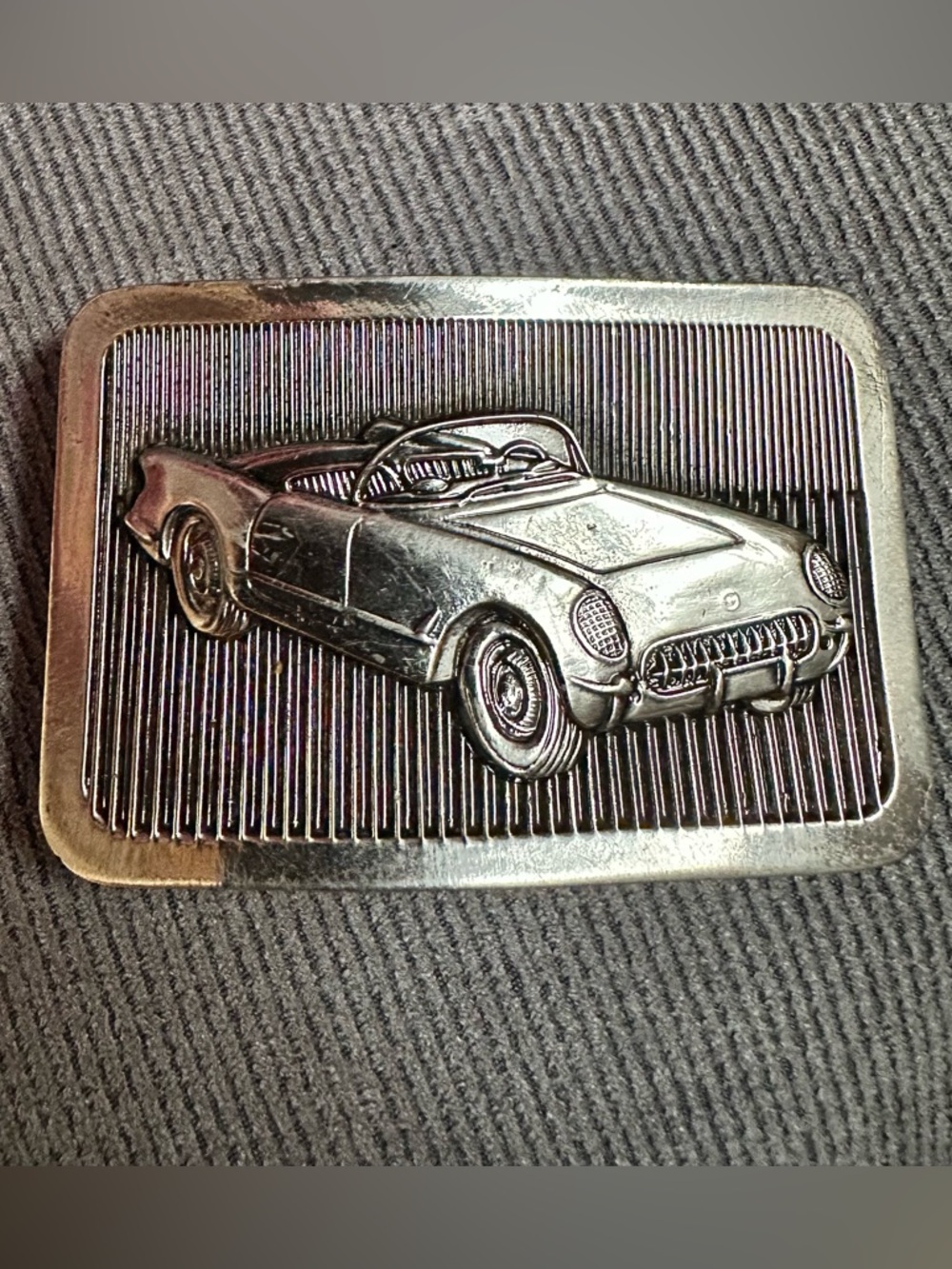Vintage 80s convertible sports car belt buckle silver tone